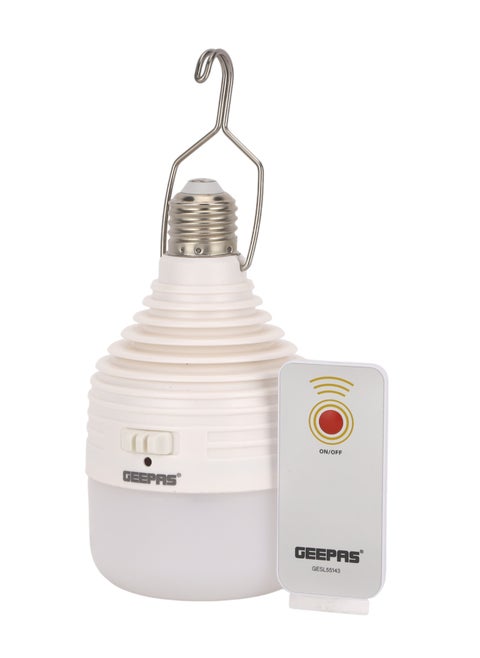 Geepas Rechargeable Emergency LED Bulb, AC/DC Operation, Long Life LED 15000 Hours, Built-In Rechargeable Lithium Battery, 3 In 1 Connect-Hook E27, B22 With An Extra Connector , Charging Time 4-5 Hrs