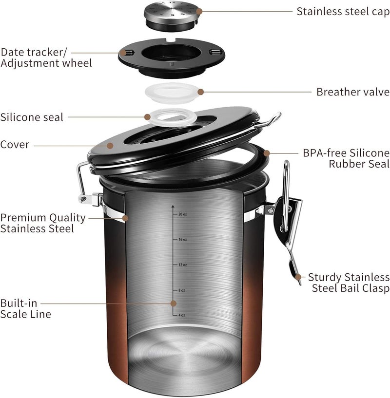 Veken Coffee Canister with Window for Cereal  Grounds Coffee  Beans  Tea  Flour  Sugar  Airtight Stainless Steel Kitchen Food Storage Container with Date Tracker and Scoop  22OZ  Copper - Image 4