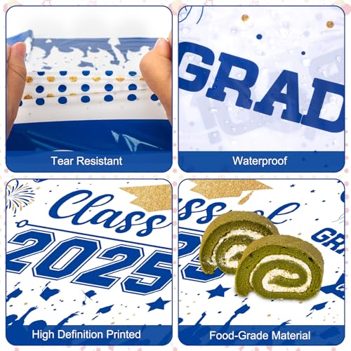 PERFQU Graduation Decorations Class of 2025 Tablecloth - 3 Pcs Plastic Congrats Grad Table Cloth, Graduation Table Cover for Graduations Party Decorations 2025 and Party Supplies, 54"x108" (Blue and Gold) - Image 4