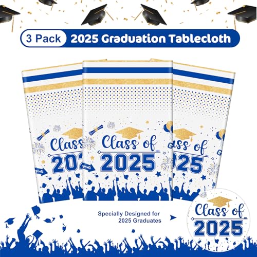 PERFQU Graduation Decorations Class of 2025 Tablecloth - 3 Pcs Plastic Congrats Grad Table Cloth, Graduation Table Cover for Graduations Party Decorations 2025 and Party Supplies, 54"x108" (Blue and Gold) - Image 5