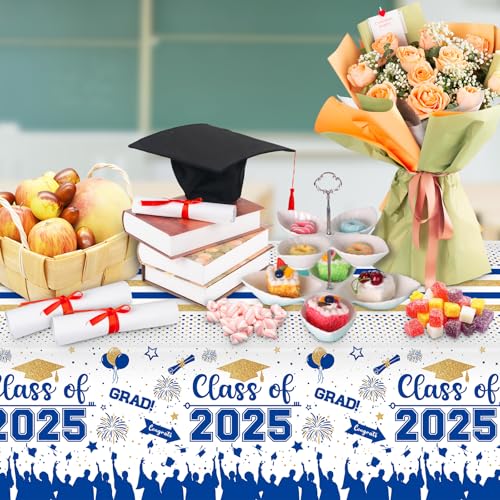 PERFQU Graduation Decorations Class of 2025 Tablecloth - 3 Pcs Plastic Congrats Grad Table Cloth, Graduation Table Cover for Graduations Party Decorations 2025 and Party Supplies, 54"x108" (Blue and Gold) - Image 2