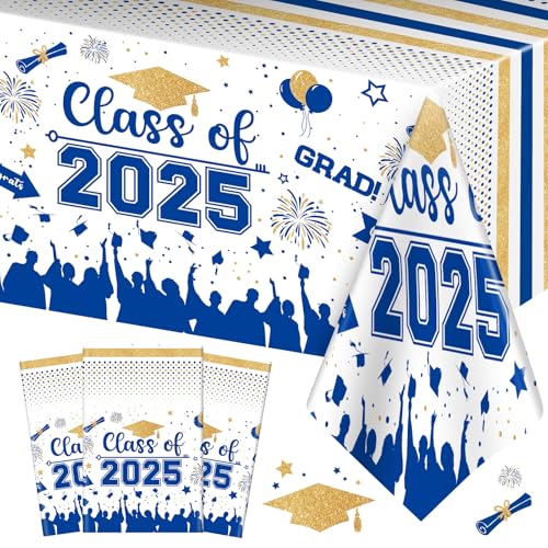 PERFQU Graduation Decorations Class of 2025 Tablecloth - 3 Pcs Plastic Congrats Grad Table Cloth, Graduation Table Cover for Graduations Party Decorations 2025 and Party Supplies, 54"x108" (Blue and Gold) - Image 1
