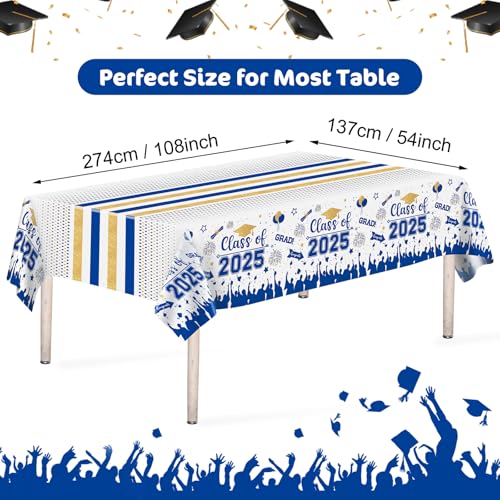 PERFQU Graduation Decorations Class of 2025 Tablecloth - 3 Pcs Plastic Congrats Grad Table Cloth, Graduation Table Cover for Graduations Party Decorations 2025 and Party Supplies, 54"x108" (Blue and Gold) - Image 3