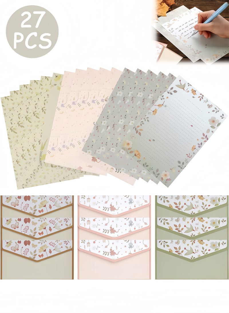 27 Pcs Stationary Writing Paper with Envelopes Set - Cute Vintage Floral Letter Writing and Stationery Paper Envelopes（18 Sheets with 9 Envelopes） - Image 1