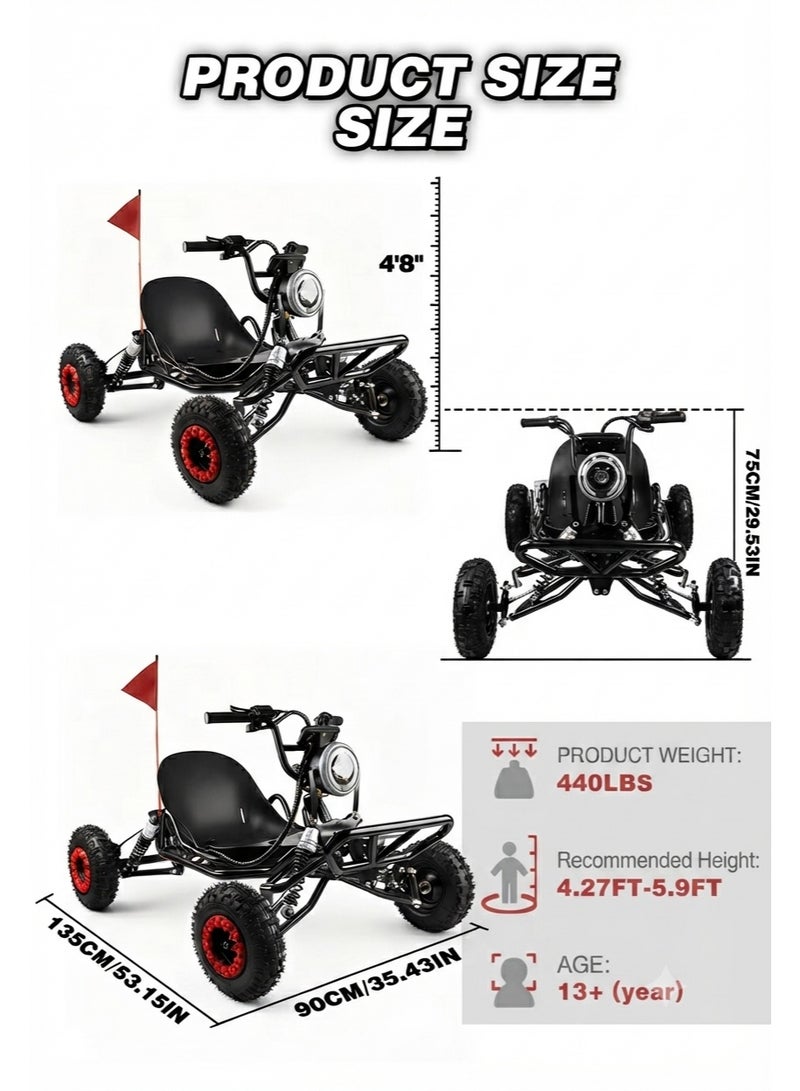 عربة سباق كهربائية (Go-Kart) للبالغين والأطفال، محرك بقوة 2000 واط، عربة دريفت للطرق الوعرة بـ 3 سرعات، إطارات مقاس 6 بوصة، مكابح هيدروليكية/قرصية، سرعة قصوى 48 كم/ساعة (بطارية 48 فولت 12 أمبير، سعة تحميل 120 كجم، مدى 35 كم) - Image 4