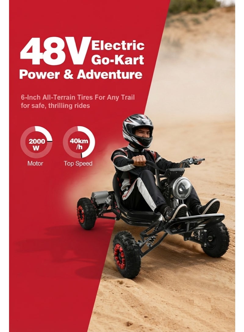عربة سباق كهربائية (Go-Kart) للبالغين والأطفال، محرك بقوة 2000 واط، عربة دريفت للطرق الوعرة بـ 3 سرعات، إطارات مقاس 6 بوصة، مكابح هيدروليكية/قرصية، سرعة قصوى 48 كم/ساعة (بطارية 48 فولت 12 أمبير، سعة تحميل 120 كجم، مدى 35 كم) - Image 5