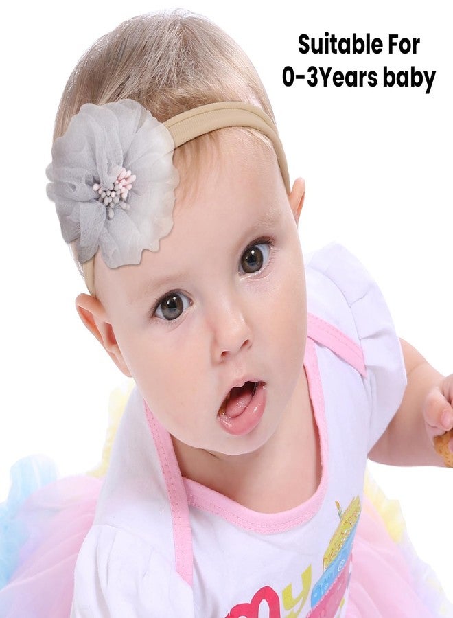 SYGA 3 Pcs Baby Headband Nylon Flower Stretchable HairBand for Newborn Infant Toddlers Kids 0-3 Year (Grey) - Image 2