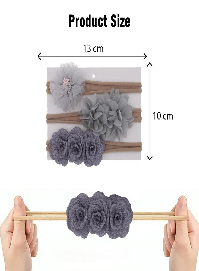 SYGA 3 Pcs Baby Headband Nylon Flower Stretchable HairBand for Newborn Infant Toddlers Kids 0-3 Year (Grey) - Image 4