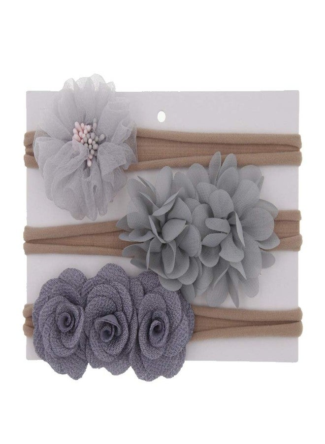 SYGA 3 Pcs Baby Headband Nylon Flower Stretchable HairBand for Newborn Infant Toddlers Kids 0-3 Year (Grey) - Image 1