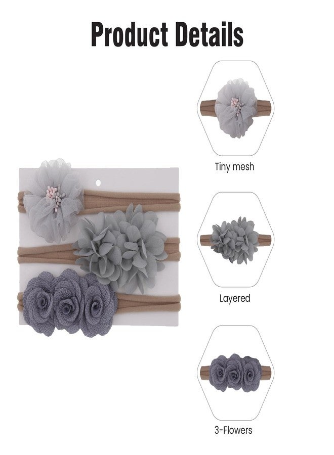 SYGA 3 Pcs Baby Headband Nylon Flower Stretchable HairBand for Newborn Infant Toddlers Kids 0-3 Year (Grey) - Image 5