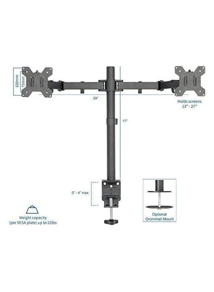 PROMASS Dual LCD LED Monitor Desk Mount Stand With C-Clamp and Bolt-Through Grommet Options | Heavy Duty Fully Adjustable Arms Hold Two (2) Screens Up to 27" (STAND/eTECH) - Black - Image 2