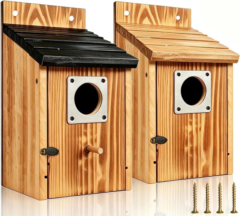 JZTKQTM with Metal Predator Guard Birdhouses for Outdoors Bird Nesting Box for Wren, Finches, Swallows, Chickadee, Black and Natural Wood - Image 1