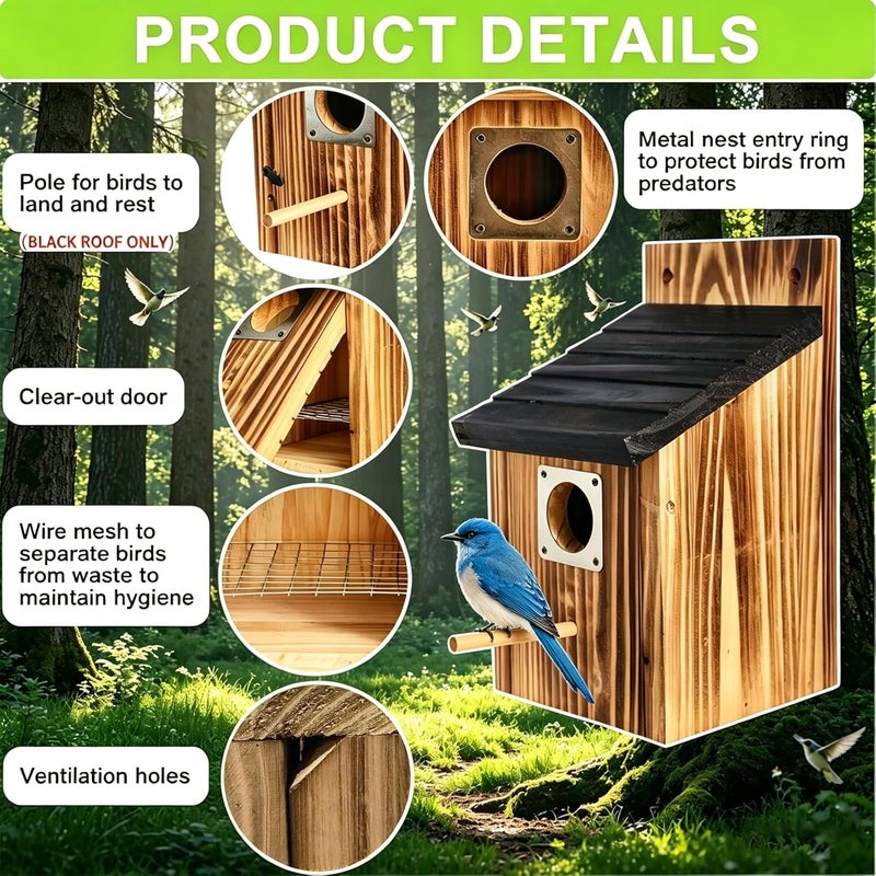 JZTKQTM with Metal Predator Guard Birdhouses for Outdoors Bird Nesting Box for Wren, Finches, Swallows, Chickadee, Black and Natural Wood - Image 3