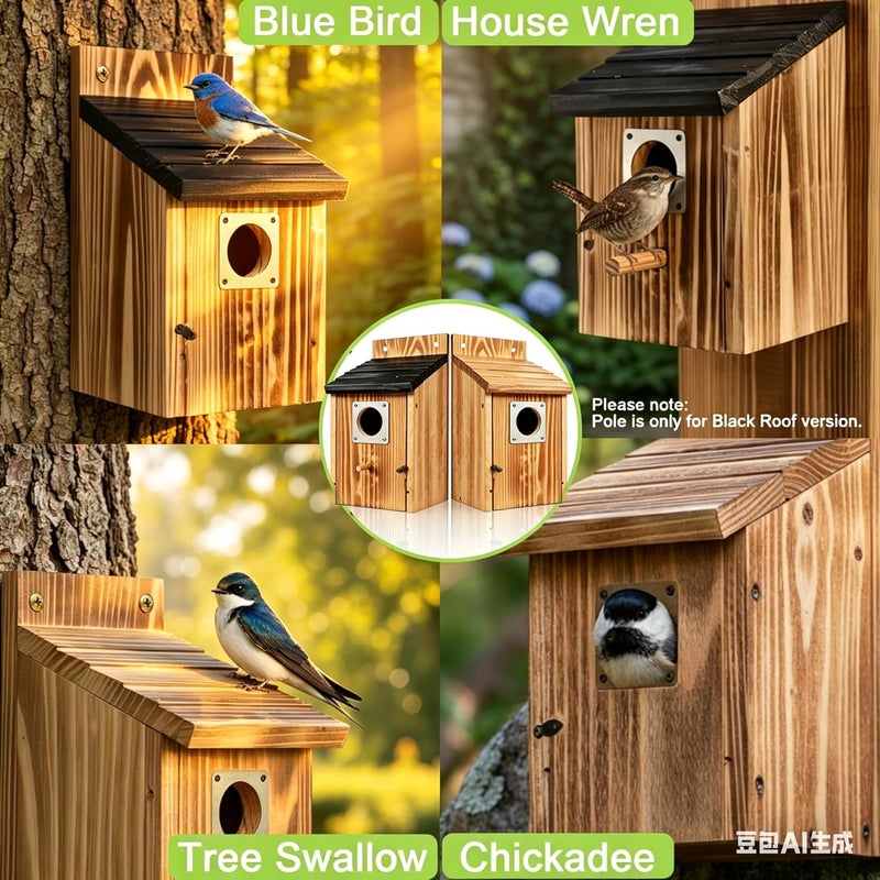 JZTKQTM with Metal Predator Guard Birdhouses for Outdoors Bird Nesting Box for Wren, Finches, Swallows, Chickadee, Black and Natural Wood - Image 5
