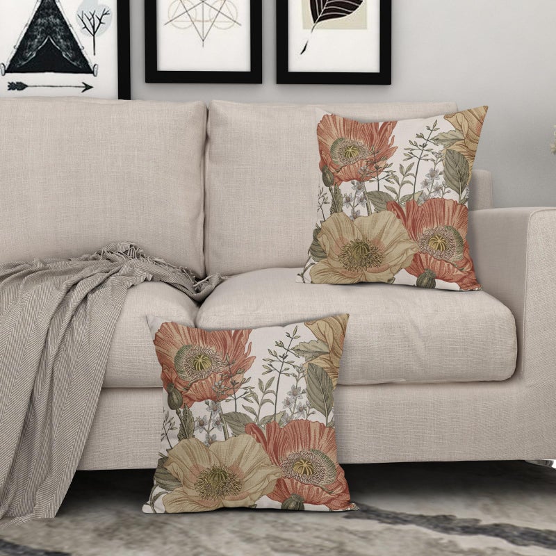 Sweetshow Vintage Flower Throw Pillow Covers 18x18 Brown Rust Colored Floral Botanical Pattern Decorative Pillows Outdoor Linen Farmhouse Cushion Case Country Pillowcase for Sofa Bed Room Decor Set of 2 - Image 3