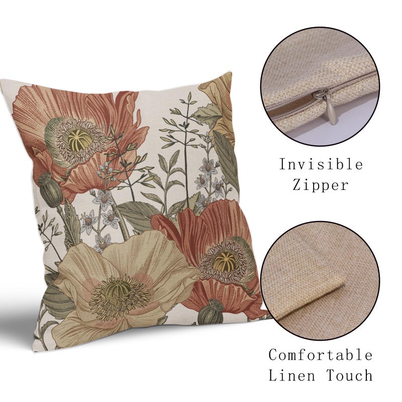 Sweetshow Vintage Flower Throw Pillow Covers 18x18 Brown Rust Colored Floral Botanical Pattern Decorative Pillows Outdoor Linen Farmhouse Cushion Case Country Pillowcase for Sofa Bed Room Decor Set of 2 - Image 4