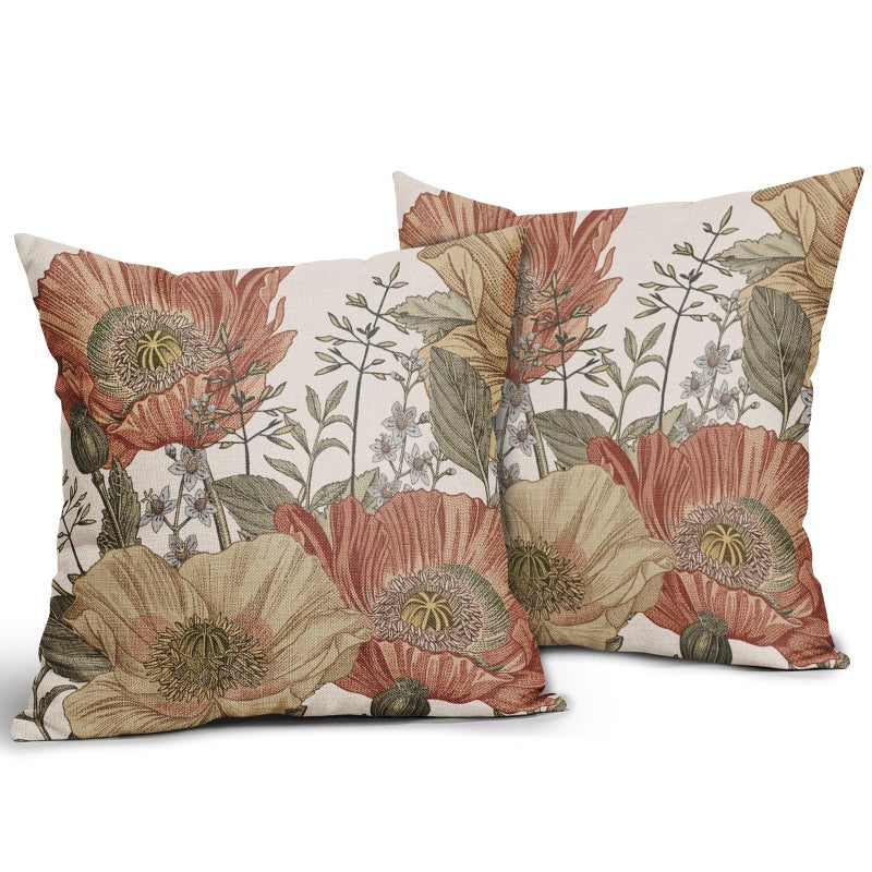 Sweetshow Vintage Flower Throw Pillow Covers 18x18 Brown Rust Colored Floral Botanical Pattern Decorative Pillows Outdoor Linen Farmhouse Cushion Case Country Pillowcase for Sofa Bed Room Decor Set of 2 - Image 2