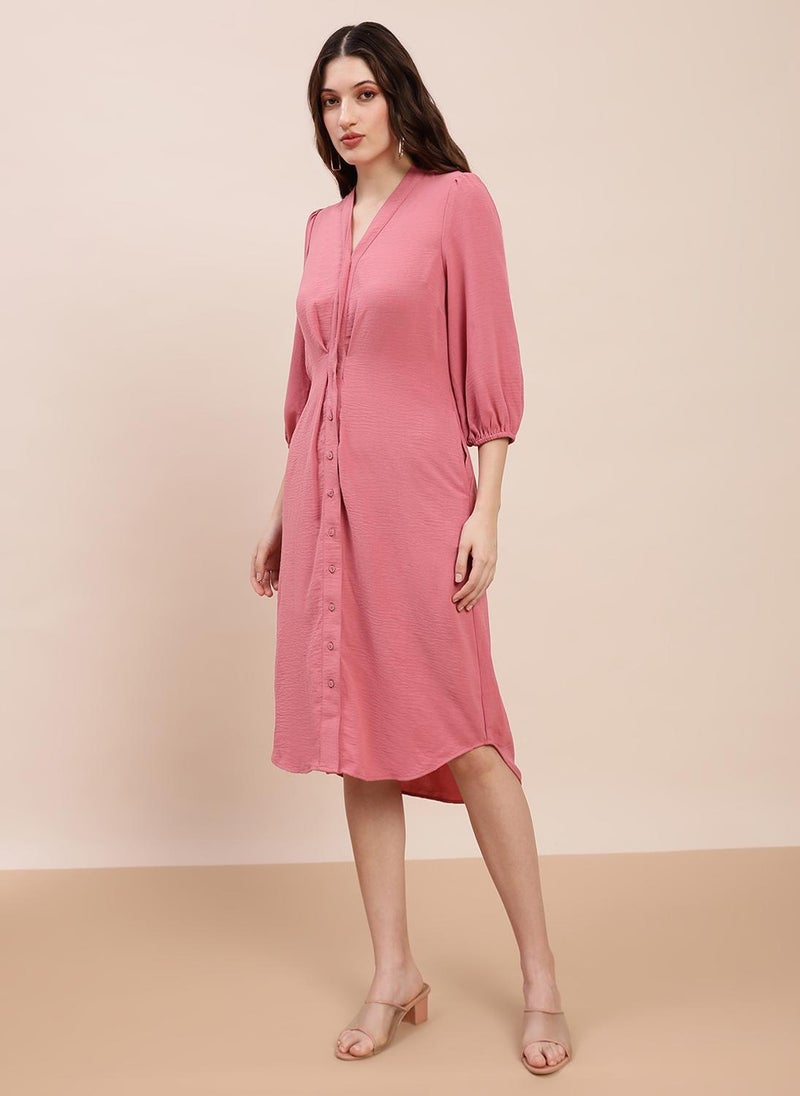 Globus Women's Dress Rose Pink Casual with V-Neck and Bishop Sleeves - Image 3