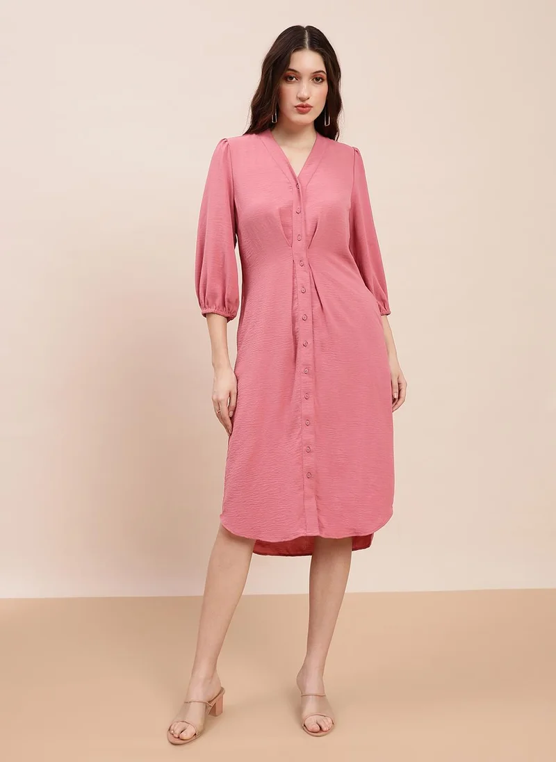 جلو باص Globus Women's Dress Rose Pink Casual with V-Neck and Bishop Sleeves