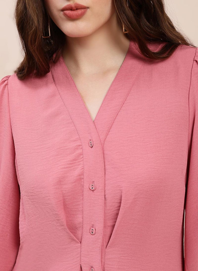 Globus Women's Dress Rose Pink Casual with V-Neck and Bishop Sleeves - Image 5