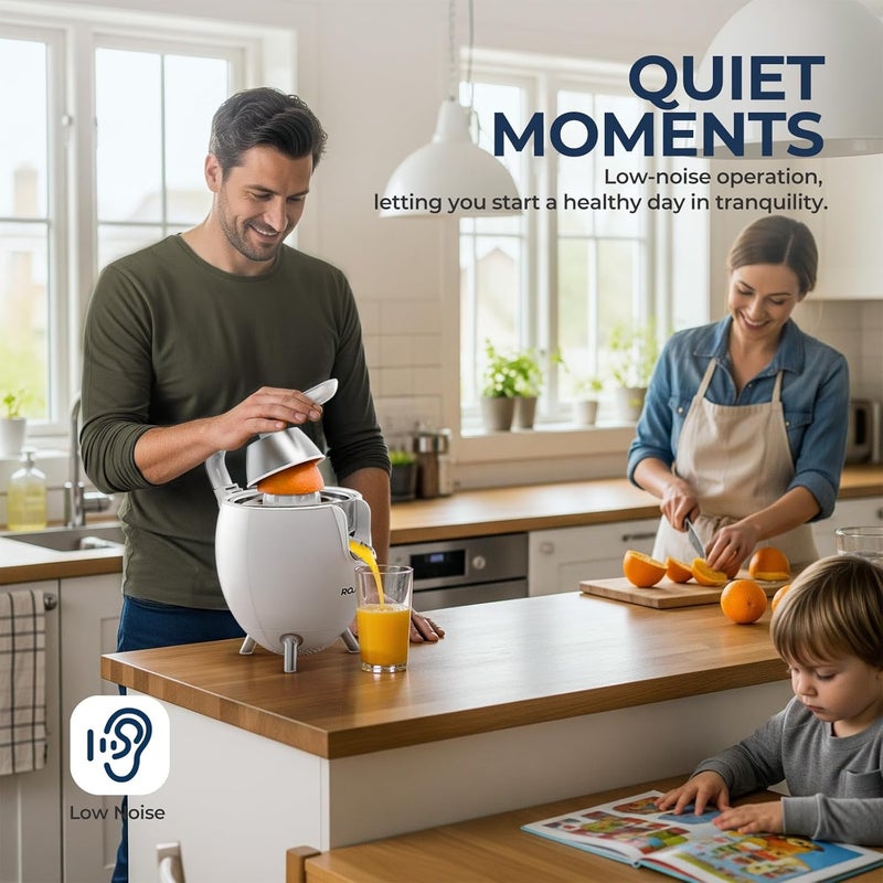 Rouny Electric Citrus Juicer Machine, 850W Easy Press Orange Juice Squeezer for Orange, Lemon, Lime, and Grapefruit, with Two Interchangeable Cones, BPA Free, White - Image 4