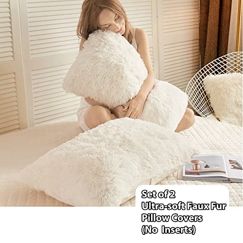 LIFEREVO 2 Pack Cream Faux Fur Pillow Shams,Shaggy Plush Home Decorative Luxury Series Super Soft Furry Pillow Case with Zipper Closure for Home Sofa Couch,Standard (Light Beige,20"x26") - Image 2