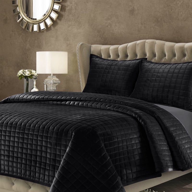 Tribeca Living Tribeca Living Luxury Velvet Quilt Set King Bedding Set 260 GSM Soft Velvet Oversized Comforter Set Florence Box Stitch Premium Bedspread Coverlet for All Season with 2 Pillow Shams Black 