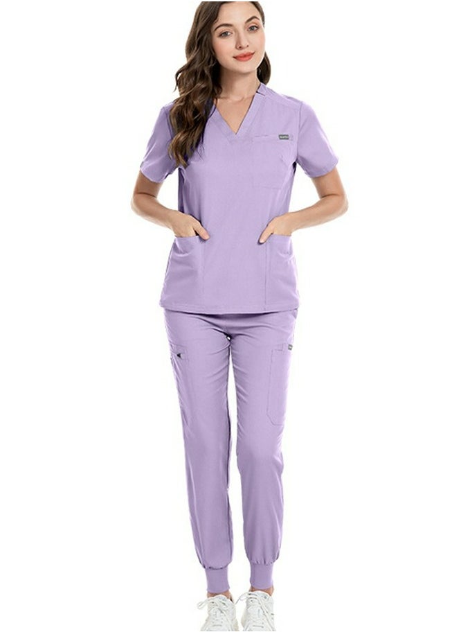 Loquat Medical Uniform Scrubs Set Medical Scrubs Solid Color 2 Piece Set Top and Pants Suit Light Purple  - Image 1