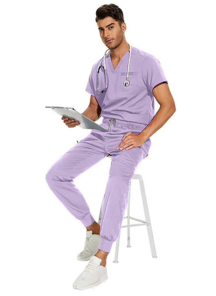 Loquat Medical Uniform Scrubs Set Medical Scrubs Solid Color 2 Piece Set Top and Pants Suit Light Purple  - Image 3