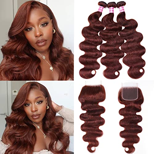 UNICE Reddish Brown Body Wave Human Hair 3 Bundles with 4x4 lace closure Free Part Brazilian Remy Hair Copper Red Wavy Bundles and Closure Colored Human Hair Extensions 22 24 2620 inch Closure - Image 2