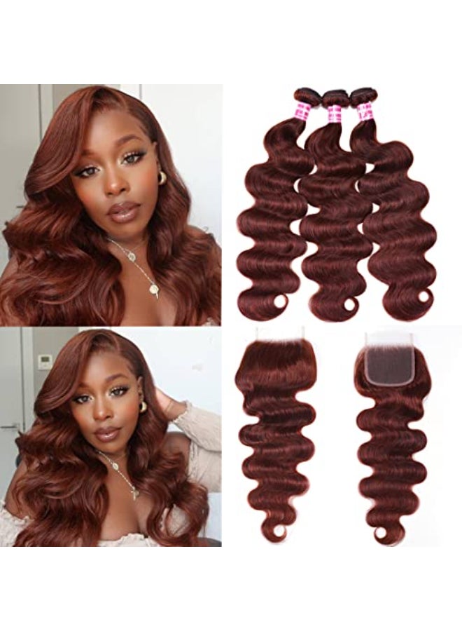 UNICE Reddish Brown Body Wave Human Hair 3 Bundles with 4x4 lace closure Free Part Brazilian Remy Hair Copper Red Wavy Bundles and Closure Colored Human Hair Extensions 22 24 2620 inch Closure - Image 1