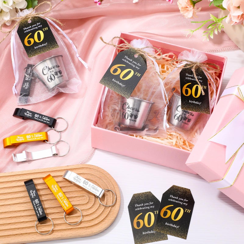 Domensi 30 Sets 60th Birthday Party Favors for Guests Bulk Include Cheers to 60 Years Short Cups Beer Bottle Opener Keychains Thank You Cards with Gift Bags and Ropes for Birthday Party Gifts - Image 5