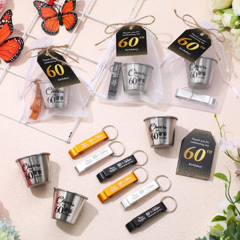 Domensi 30 Sets 60th Birthday Party Favors for Guests Bulk Include Cheers to 60 Years Short Cups Beer Bottle Opener Keychains Thank You Cards with Gift Bags and Ropes for Birthday Party Gifts - Image 3