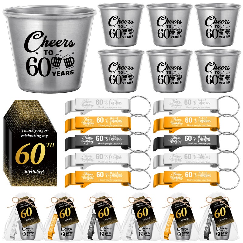 Domensi 30 Sets 60th Birthday Party Favors for Guests Bulk Include Cheers to 60 Years Short Cups Beer Bottle Opener Keychains Thank You Cards with Gift Bags and Ropes for Birthday Party Gifts - Image 1