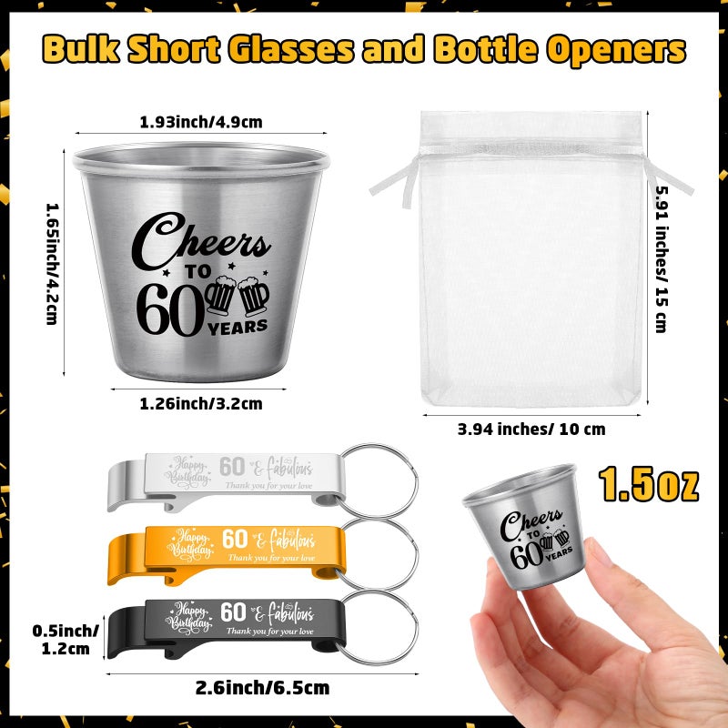 Domensi 30 Sets 60th Birthday Party Favors for Guests Bulk Include Cheers to 60 Years Short Cups Beer Bottle Opener Keychains Thank You Cards with Gift Bags and Ropes for Birthday Party Gifts - Image 2