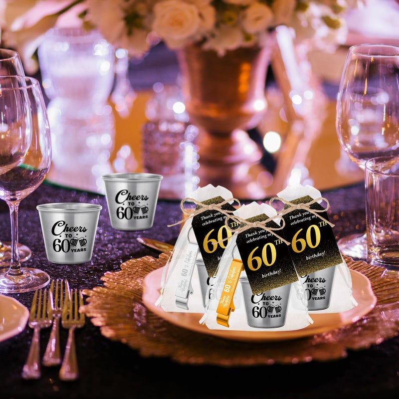 Domensi 30 Sets 60th Birthday Party Favors for Guests Bulk Include Cheers to 60 Years Short Cups Beer Bottle Opener Keychains Thank You Cards with Gift Bags and Ropes for Birthday Party Gifts - Image 4