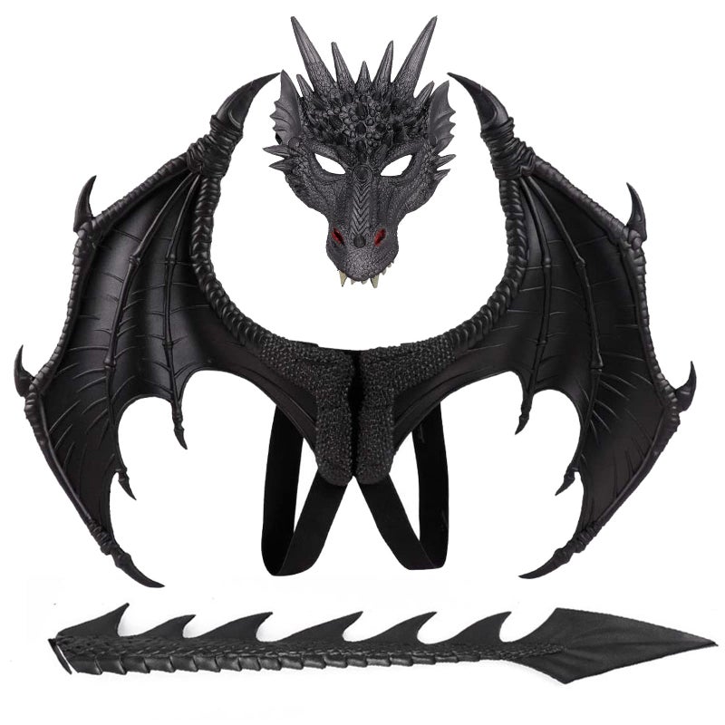 Alodidae Dragon Costumes Set Devil Wings Demon Tail Dino Mask for Halloween Masquerade Party Cosplay Black - Image 2