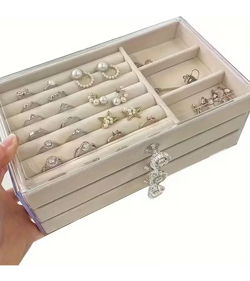 صندوق تخزين المجوهرات مع فواصل لتنظيم القلائد والأقراط والساعات، طاولة زينة صغيرة، أكريليك متعدد الطبقات للاستخدام المزدوج - Image 1