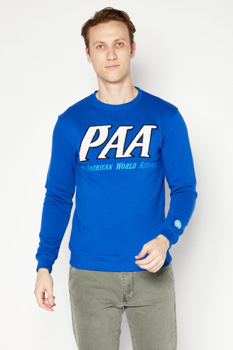 Pan Am Men Crew Neck Long Sleeve Embroidered Logo Sweatshirt, Blue - Image 1