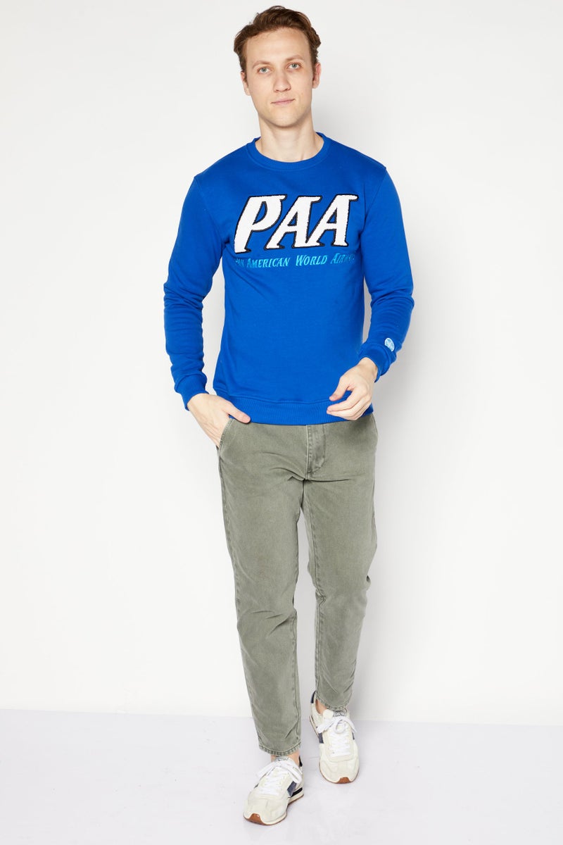 Pan Am Men Crew Neck Long Sleeve Embroidered Logo Sweatshirt, Blue - Image 2
