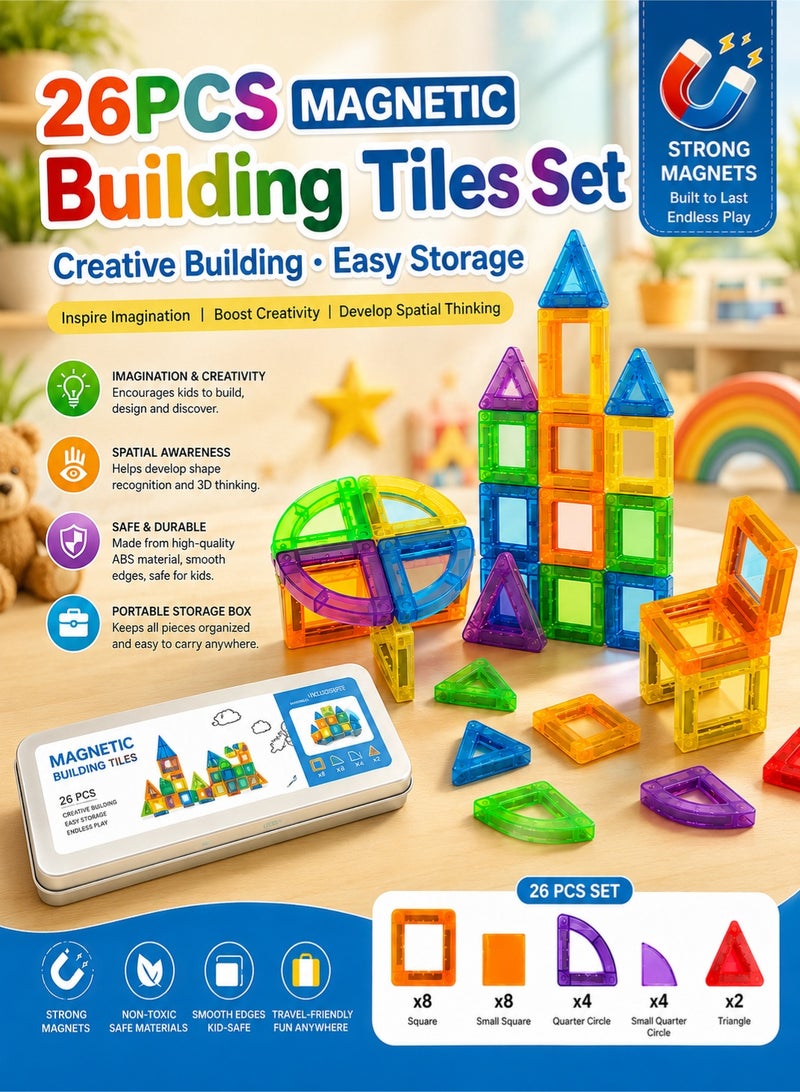 Saudi Select 26-Piece Portable Magnetic Tiles Building Set for Kids - Educational Toy with Storage Tin | Develop Creativity, Fine Motor Skills & Geometric Learning | Perfect for Travel & Art Inspiration - Image 1