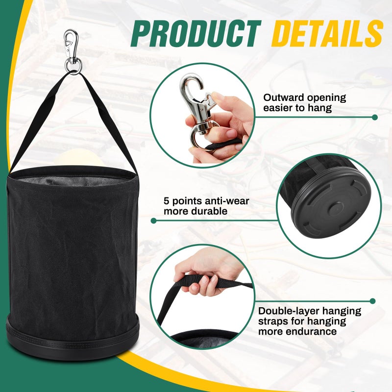 SilTriangle 1 Pack Canvas Tool Bucket Bag 15" x 12" All-purpose Bucket Tool Organizer with Plastic Bottom Metal Hook for Lineman Organizing Accessories (Black) - Image 3