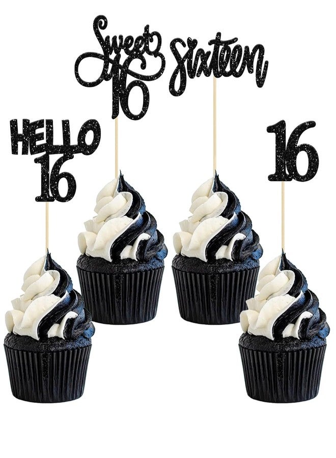 Confetti! Happy Birthday Cupcake Toppers for 1st to 100th Birthday Party, Glitter Black & Gold Cupcake Picks, Age Number Birthday Decorations for Boys Girls Men Women (16th (Black)) - Image 1