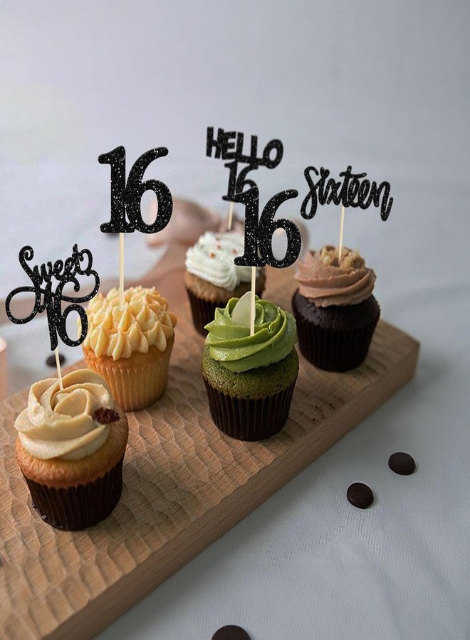 Confetti! Happy Birthday Cupcake Toppers for 1st to 100th Birthday Party, Glitter Black & Gold Cupcake Picks, Age Number Birthday Decorations for Boys Girls Men Women (16th (Black)) - Image 4
