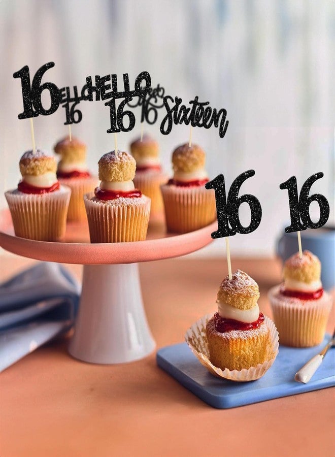 Confetti! Happy Birthday Cupcake Toppers for 1st to 100th Birthday Party, Glitter Black & Gold Cupcake Picks, Age Number Birthday Decorations for Boys Girls Men Women (16th (Black)) - Image 5