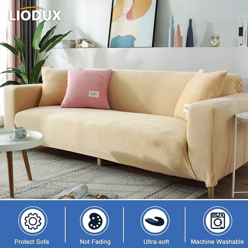 LIODUX غطاء أريكة مخملي من مع غطاء وسادة واحد، غطاء أريكة قابل للتمدد ومضاد للانزلاق، مناسب للأريكة 1/2/3/4 مقاعد أو على شكل حرف L، واقي أثاث للكلاب والحيوانات الأليفة والأطفال (بيج، 3 مقاعد) - Image 2