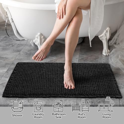 ZALL Waffle Bath Mat Black Super Absorbent Non Slip Bathroom RugRhombus Geometric 17x24inchMachine Washable Ultra Soft Floor Mats - Image 3