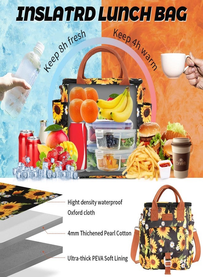 Joymee Insulated Lunch Bag for Adults Women/Men, Waterproof Lunch Box for Office Work Picnic Beach, Reusable Large Leakproof Cooler Tote Bag with Adjustable Shoulder Strap & Side Pocket, Sunflower - Image 3