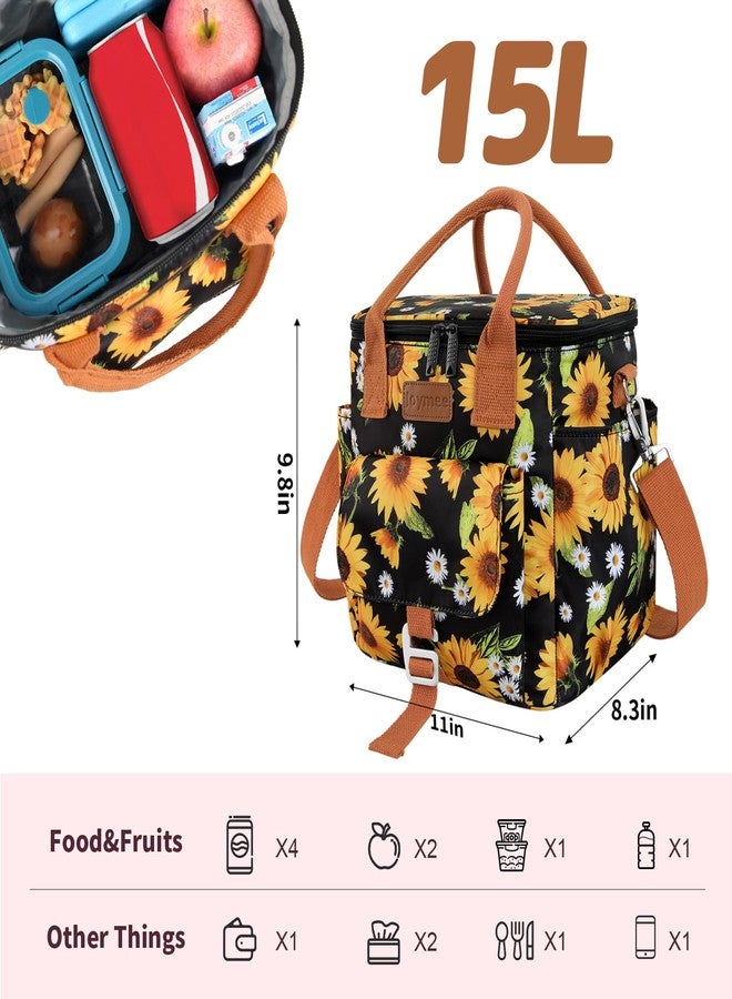 Joymee Insulated Lunch Bag for Adults Women/Men, Waterproof Lunch Box for Office Work Picnic Beach, Reusable Large Leakproof Cooler Tote Bag with Adjustable Shoulder Strap & Side Pocket, Sunflower - Image 2