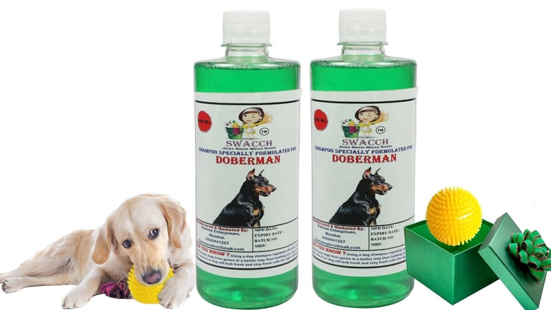swacch Shampoo | Puppy Safe Shampoo | PH Balanced | Ditch to Itch for Doberman Dog Shampoo 500ml Pack of 2 (Neem Alovera) + Spike Ball Chew Toy Combo Pack - Image 1